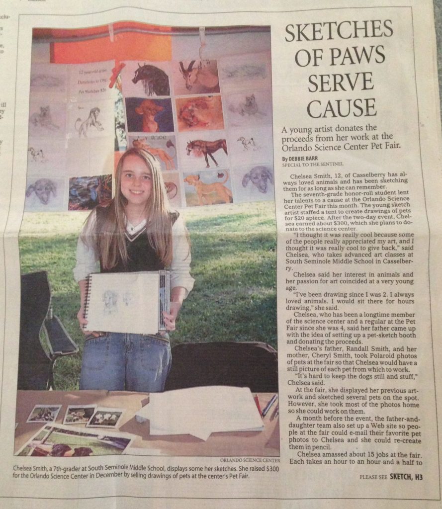 Artist Chelsea Smith aged 12 featured in her first newspaper article in the Orlando Sentinel titled "Sketches of Paws Serve Cause"